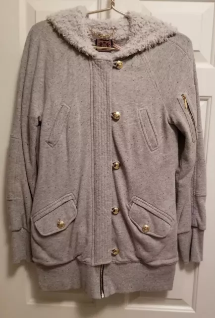 Women's Juicy Couture Zip Jacket ~ Heather Grey ~ Hood ~ Faux Fur Trim ~ Medium