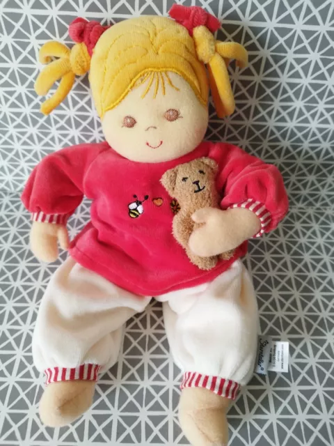 Doudou peluche poupée et son ourson pantalon beige pull rouge grelot Sterntaler