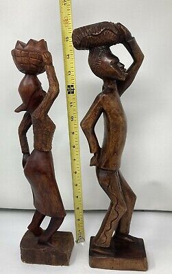 African Folk Art Statues Figurines Hand Carved Wooden Man Woman Mid-Century MCM