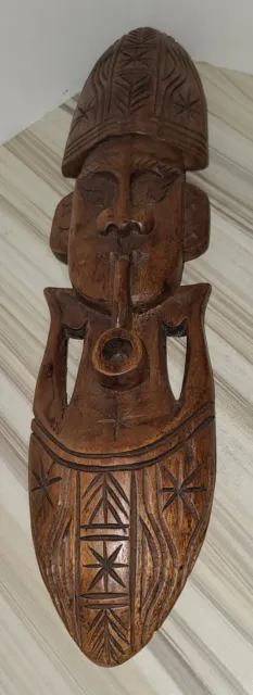African Pipe Man Tribal Wooden Mask Hand Carved Wall Art