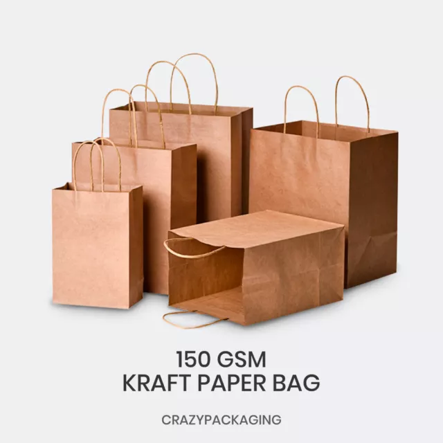 Kraft Brown Paper 150gsm Retail Shopping Carry Gift Bag With Handles A3 A4 A5