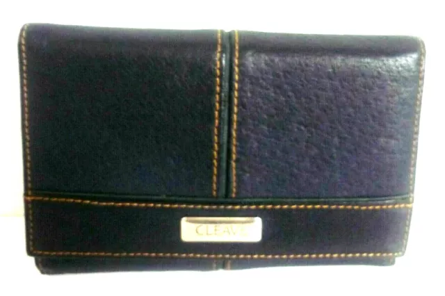 CLEAVE navy & green leather trifold wallet purse coin card notes photo 5.5" x 4"