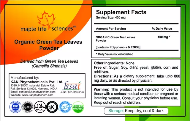 Organic Green Tea Leaves Powder Polyphenol EGCG Antioxidants & Anti-aging