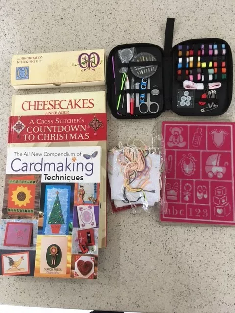 Selection of craft-making and related items, crochet, card-making, sewing.
