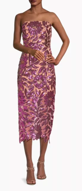 Milly Olea Strapless Sequin Midi-Dress. Floral Design. Sz 12. Retail $695. NWT