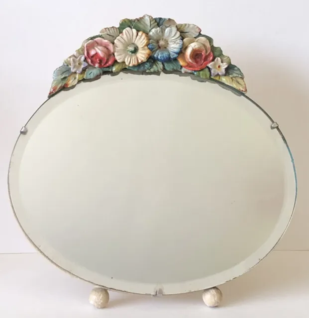 Vintage 1920-30s English Country Floral Barbola Vanity Table Mirror Easel Back