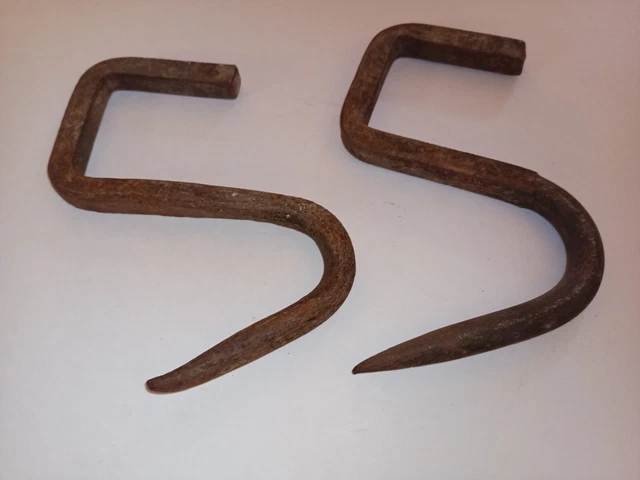2 Antique Primitive 19th C Forged Wrought Iron Meat Hook
