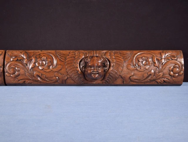 *Pair of Antique French Carved Drawer Panels/Trim in Solid Oak Wood with Angels 4