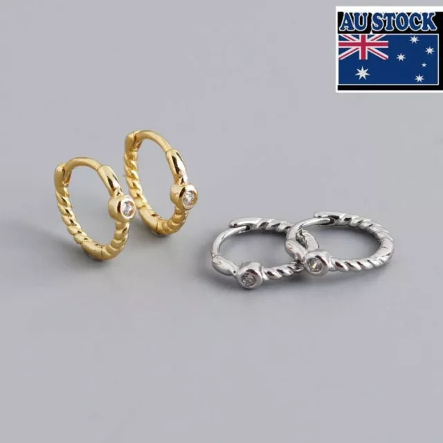 Woman s925 Sterling Silver Rope Round Cubic Zircon Huggie Hoop Earring Clip