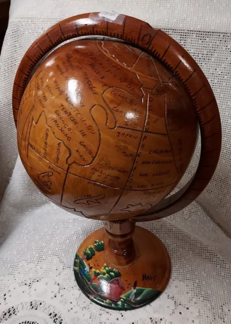 Handmade, Hand-painted Haitian Wooden Globe 16” Tall; Excellent Condition!