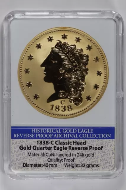 1838-C Classic Head Gold Plated Quarter Eagle Reverse Tribute Proof Copy Coin