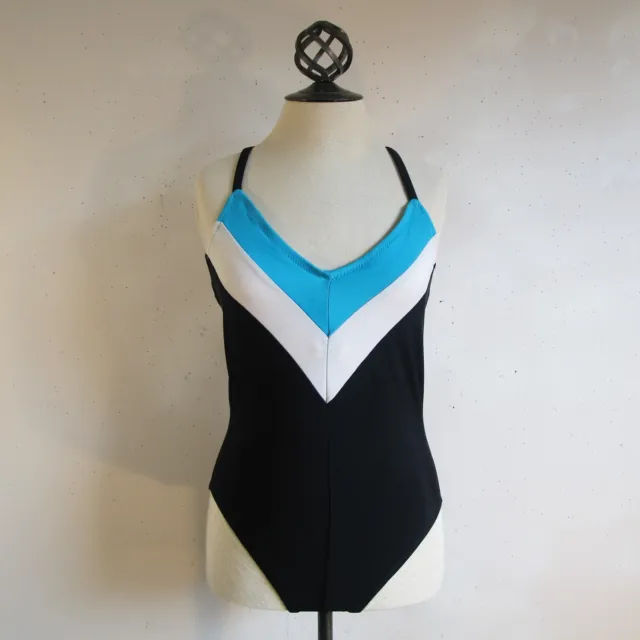Black Stripe St Michaels Swimsuit 1980s Vintage 1 piece Swimwear Blue Chevron MM