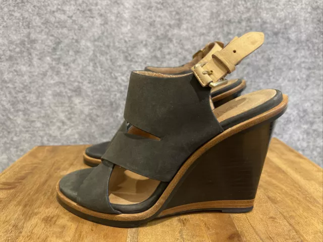 SABA Women's designer charcoal/tan leather strappy wedge heels 37/6.5/4.5