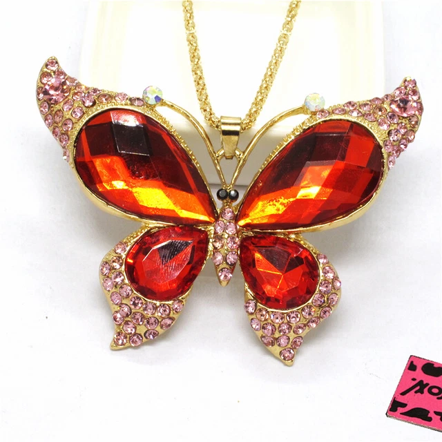 Fashion Women Cute Orange Butterfly Large Crystal Pendant Sweater Chain Necklace