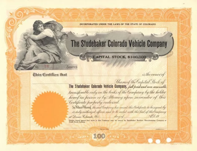 Studebaker Colorado Vehicle Co. - circa 1900's Unissued Automotive Stock Certifi