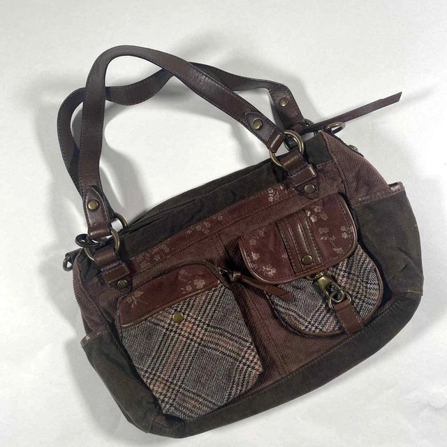 Fossil Y2K Grant Vintage Patchwork Corduroy Satchel Purse With Key Bag Charm