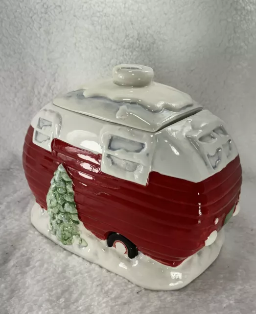 Holiday Time Ceramic Christmas Red Camper Hand Painted Cookie Jar