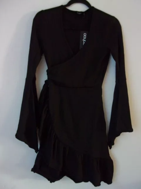 New Boohoo Black Wrap Tie Side Frill Detail Tea Dress Size: UK 8 RRP: £18