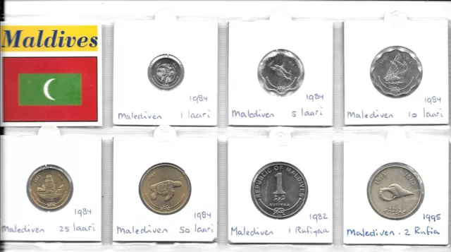 Maldive Islands Collection Of 7 Unc Coins 1 Laari - 2 Rufia 1982-1995 1T8 2