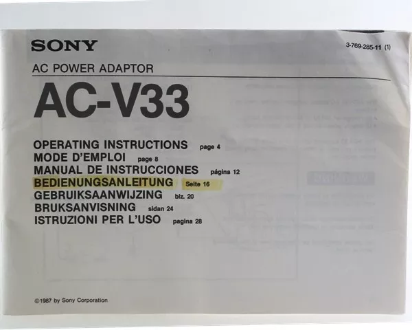 Bedienungsanleitung Sony AC-V33 AC Power Adaptor Instructions