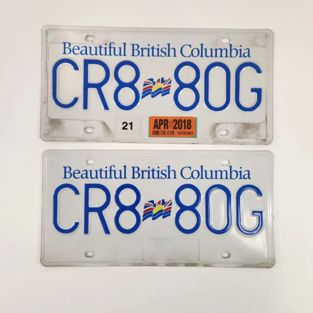 Beautiful British Columbia License Plate Matching Pair CR8 80G Blue & White