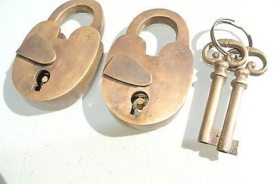 2 LONG THROW Padlock  old Vintage stye antique solid brass skeleton keys heavy B