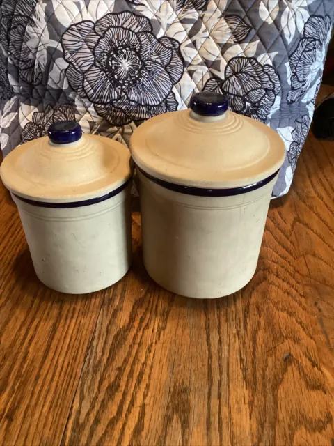 The Great American Stoneware Factory Canister Jar Cobalt Blue Taupe With Lids 3