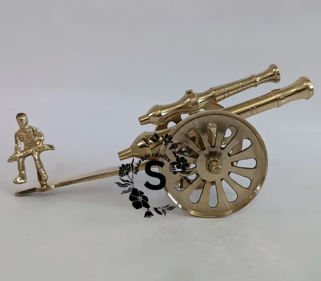 Vintage Brass Cannon Miniature Collectible Decorative Showpiece with Soldier