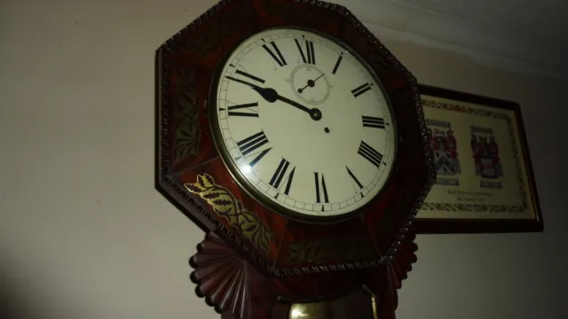 Large Regency Brass Inlaid Rosewood Wall Hanging Drop Dial Fusee Clock - Rare