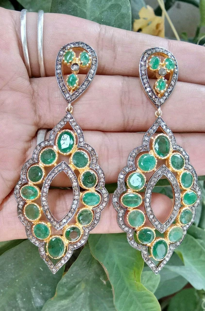 Solid 925 Sterling Silver Emerald Pave Diamond Earrings Gold Plated Dangle HG