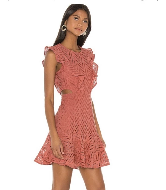 Bardot Aria Eyelet Cutout Short Dress Ruffle Moroccan Rose Sz 12 XL