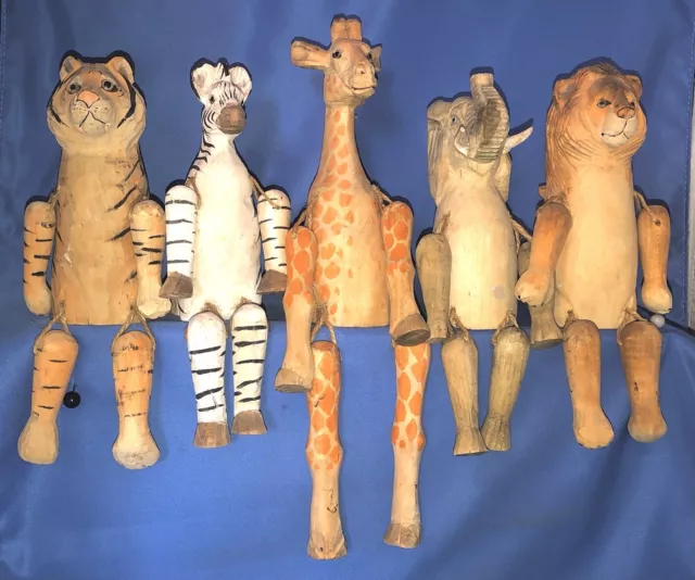 Set Of 5 Vintage Anthropomorphic Ethnic Jungle ANIMALS Wood Face Shelf Sitter