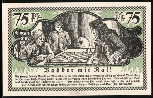 Notgeld Ströbeck 1921, 75 Pfennig, Vadder mit Rat beim Schachspiel, Wappen