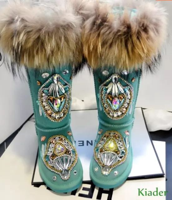 Women's Winter Thick Warm Snow Boots Real Leather Fur Rhinestone Decor Shoes