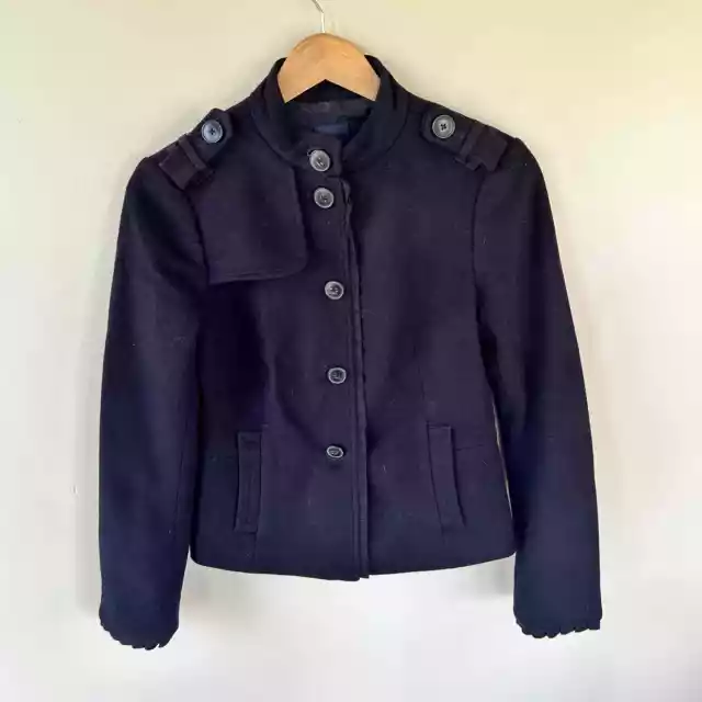 Gap size 6 navy blue wool blend button up waist length pea coat lined military
