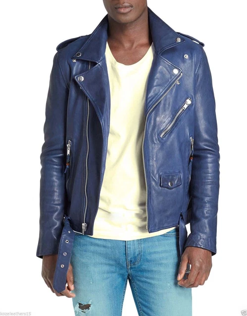 Mens Blue Real Leather Jacket Soft Lambskin Stylish Biker Motorcycle Jacket/Coat