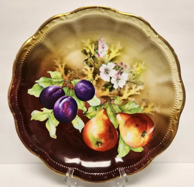 Early 20th Century Antique German HP Decorative Plate Pears Plums Flowers 11.5"