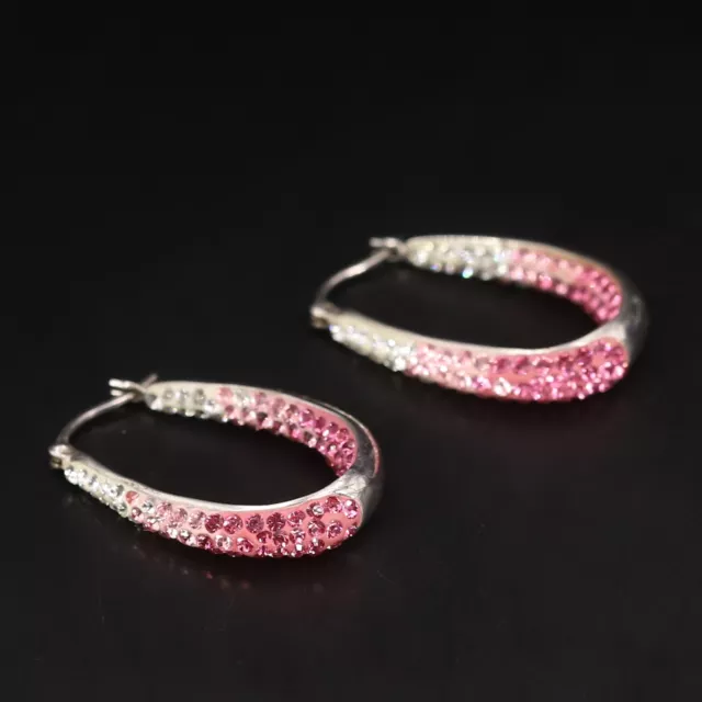 Sterling Silver - Pink & White Crystal Pave Horseshoe Hoop Earrings - 7.5g