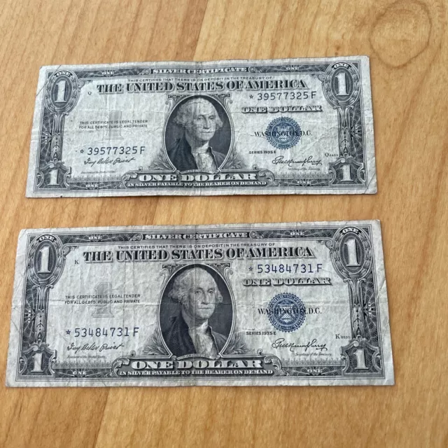 Lot of 2 1935 E  Silver Certificate  STAR $1 One Dollar Bill United States note