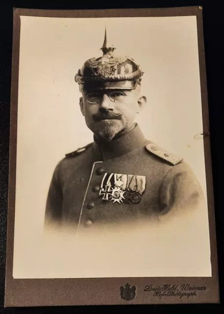 Groß Foto Cdv Portrait Soldat Uniform Pickelhaube Orden 4 Ordensspange Weimar