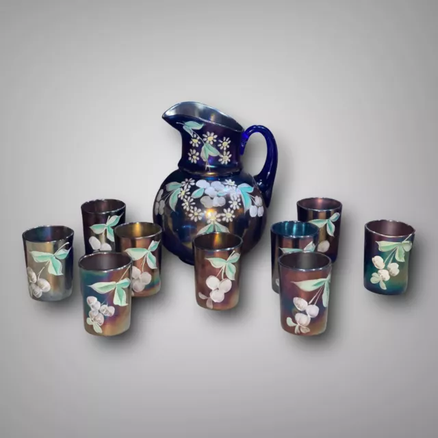 Northwood Carnival Glass Cherry Blossoms Pitcher 9 Tumblers Cobalt Iridescent