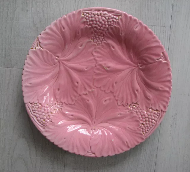 Antique Pink German Majolica Leaves Leaf Plate AMBERG gold accent 9"Art Nouveau