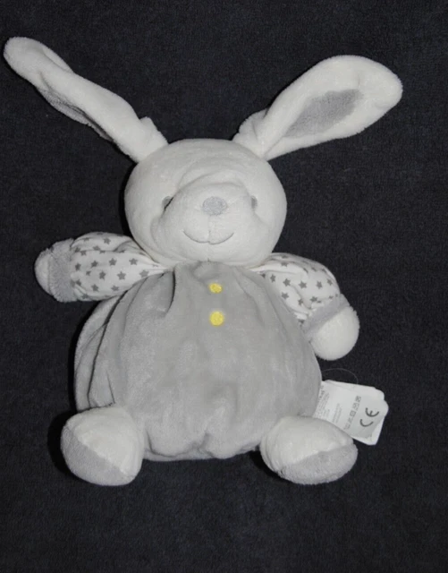 Doudou Lapin Blanc Gris Boule Etoiles OBAIBI OKAIDI Hochet Grelot 18/30 Cm TTBE