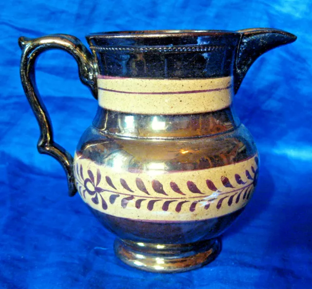 19th Cent. Staffordshire Copper Lusterware Pitcher Orange & Leaf Band 4 3/4"