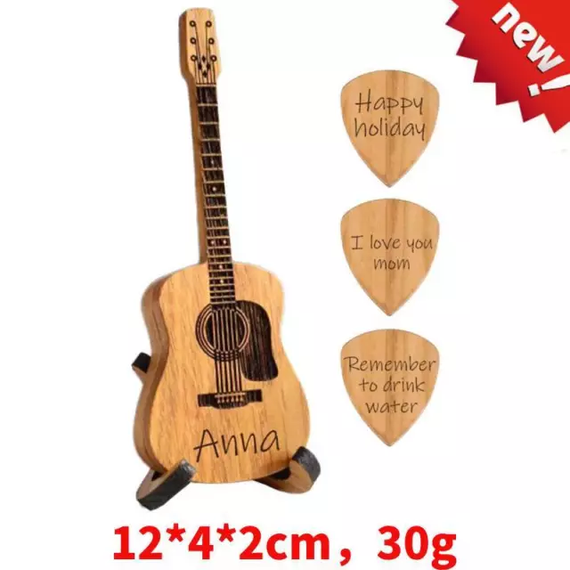 Personalisierte hölzerne Gitarren-Plektrum-Box mit Ständer 3 Stck. gravierte Gitarren-Plektren Geschenk ~