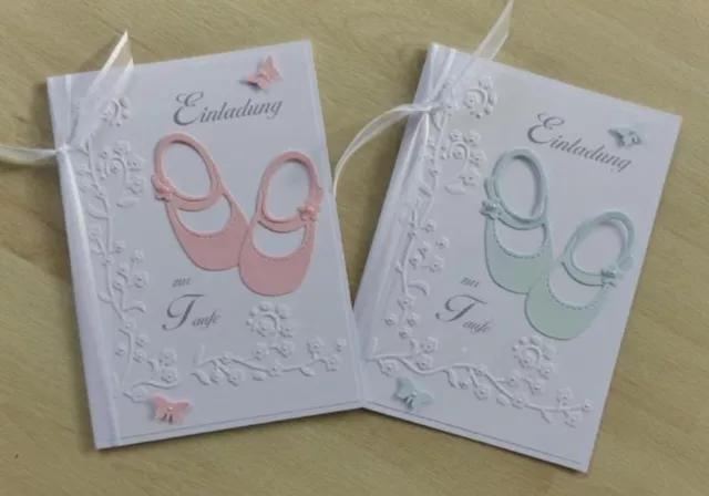 Einladung zur Taufe mit rosa / blaue Schuhe Gastgeschenk Tischkarten Handarbeit