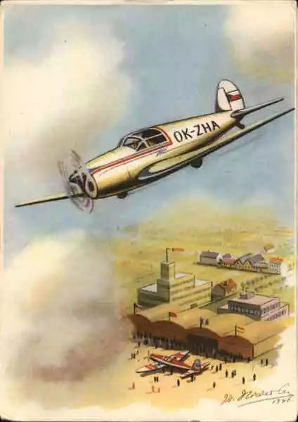 Aircraft Plane Tagged OK-ZHA Flying Over Airfield Postcard Vintage Post Card