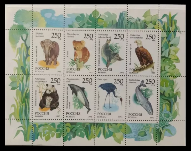 129.RUSSIA 1993 Briefmarke S/S Vögel, Elefant, Panda, Wal .mnh