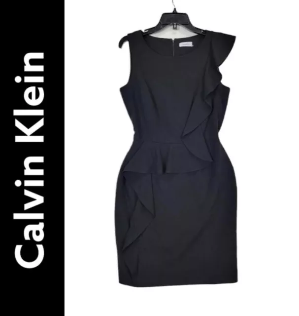 Calvin Klein Women's Size 10 Sleeveless Sheath Ruffle Peplum Black Formal Dress