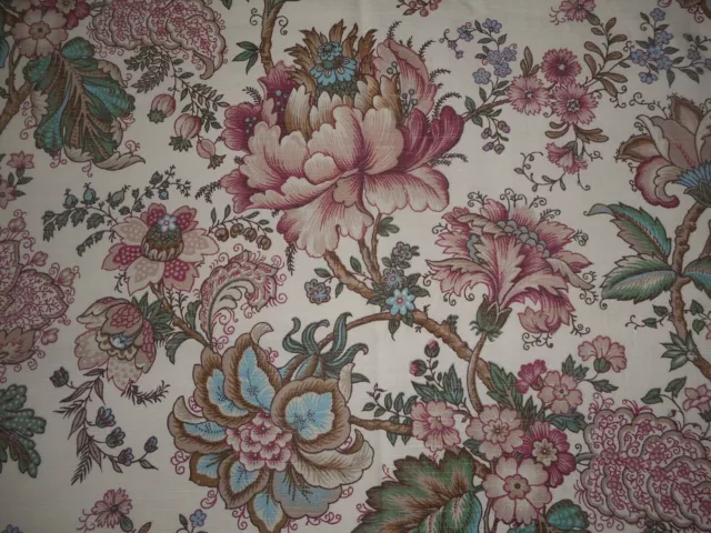 Vintage French Indienne Floral Cotton Fabric ~ Apricot Rose Green Blue